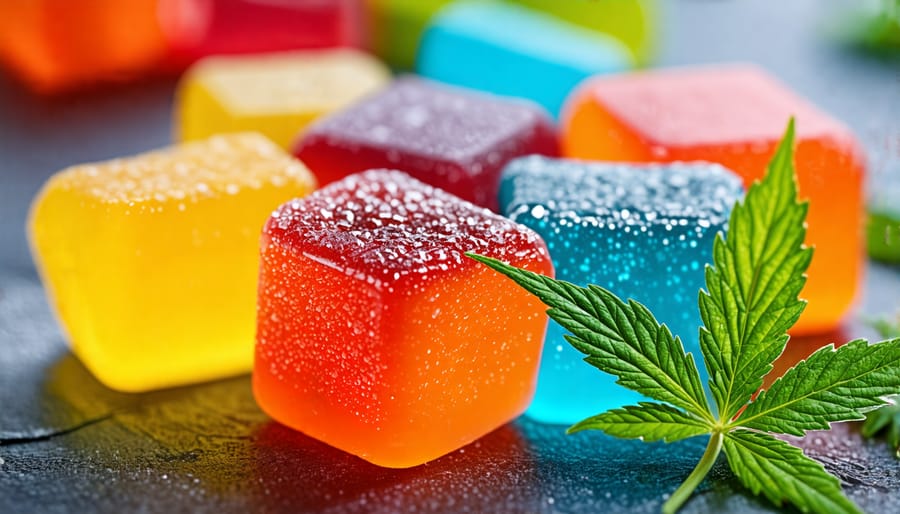 A variety of CBD gummies with a hemp leaf