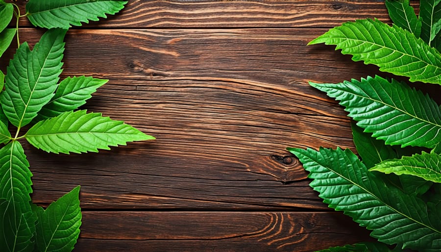 Fresh kratom leaves displayed on a wooden table representing their natural origin