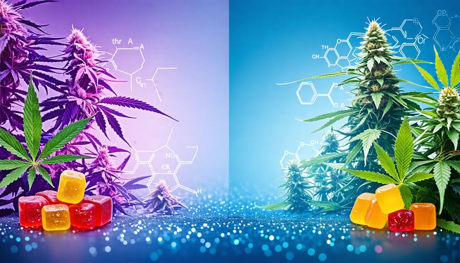 Artistic depiction of a landscape with cannabis plants symbolizing THCA and an arrangement of colorful CBD gummies, illustrating the wellness benefits for humans and pets. Chemical structure overlays highlight the distinct qualities of THCA and CBD.