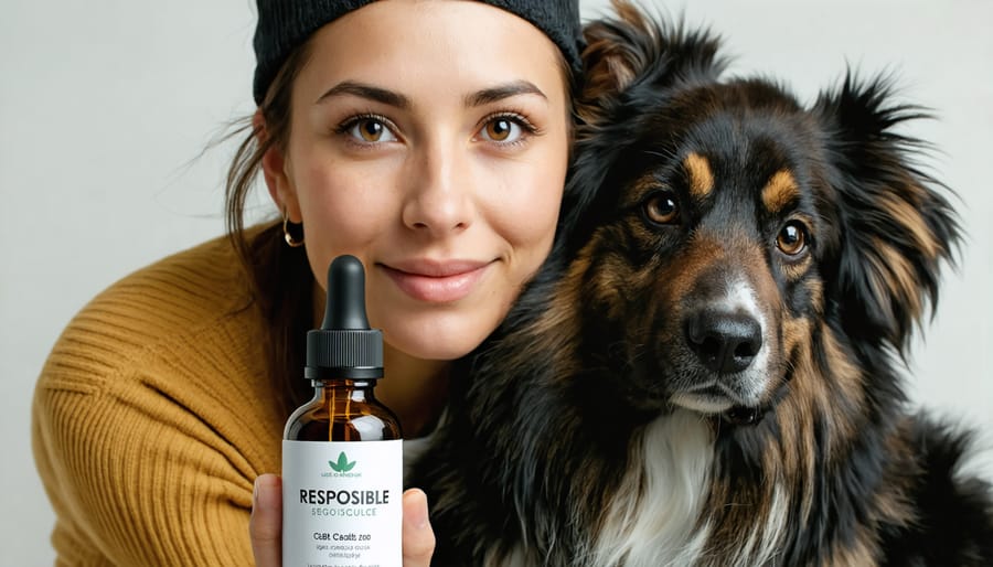 Pet owner holding a CBD product and ensuring safety around their dog