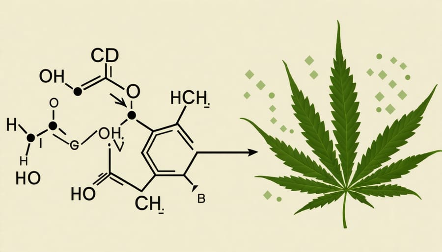 Chemical structure of CBD with cannabis leaves