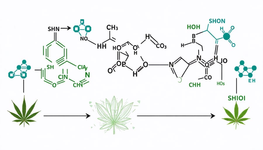 Molecular diagram illustrating how CBD and other cannabinoids interact in the endocannabinoid system