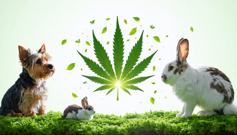 Illustration of various pets appearing relaxed and playful around a glowing representation of the endocannabinoid system, highlighted by gentle cannabis leaves, depicting the health benefits of CBD oil for pets.