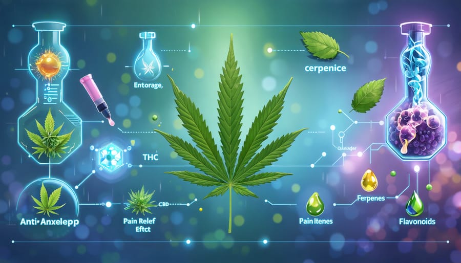 "Conceptual illustration depicting the synergistic interaction between CBD, THC, and other cannabis compounds, highlighting therapeutic benefits like pain relief, anxiety reduction, and improved sleep quality."