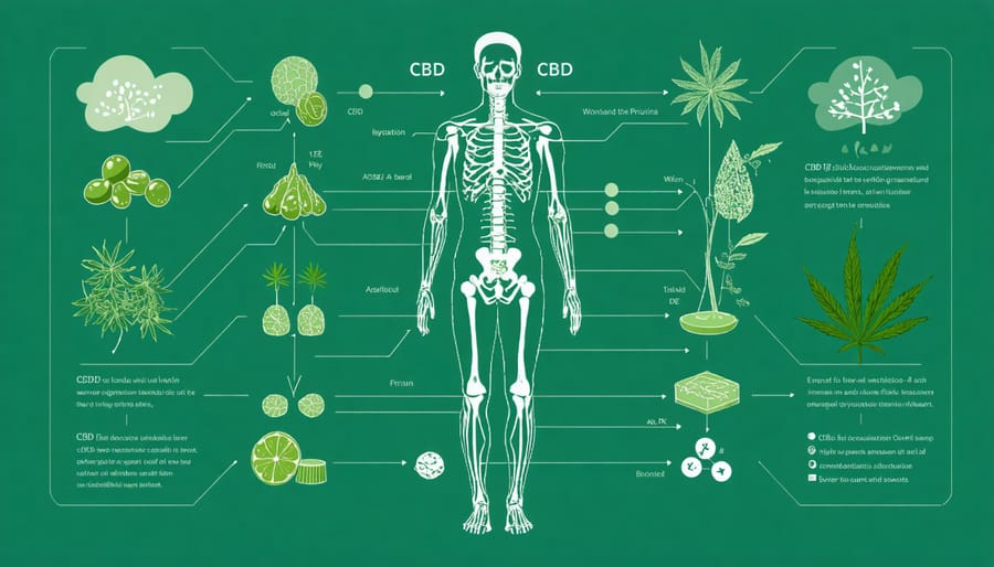 Scientific illustration of how CBD interacts with the human endocannabinoid system, showing receptor sites and neural pathways