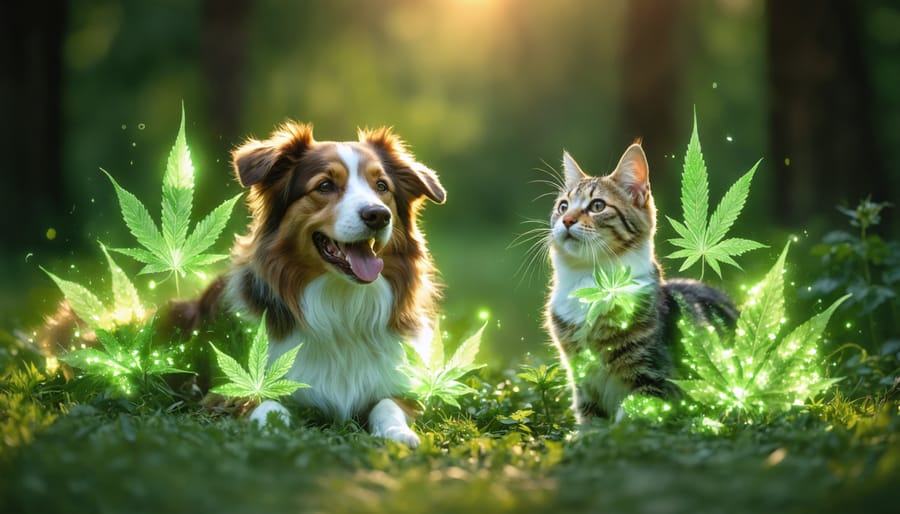 A healthy and happy dog and cat surrounded by natural elements and hemp leaves, symbolizing the benefits of CBD oil for pets.