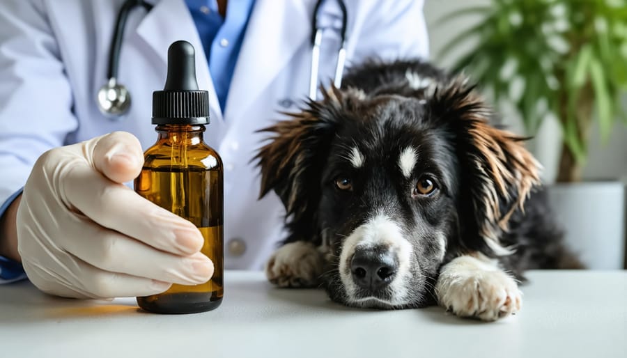 Veterinarian demonstrating proper CBD administration to a dog with attentive owner watching