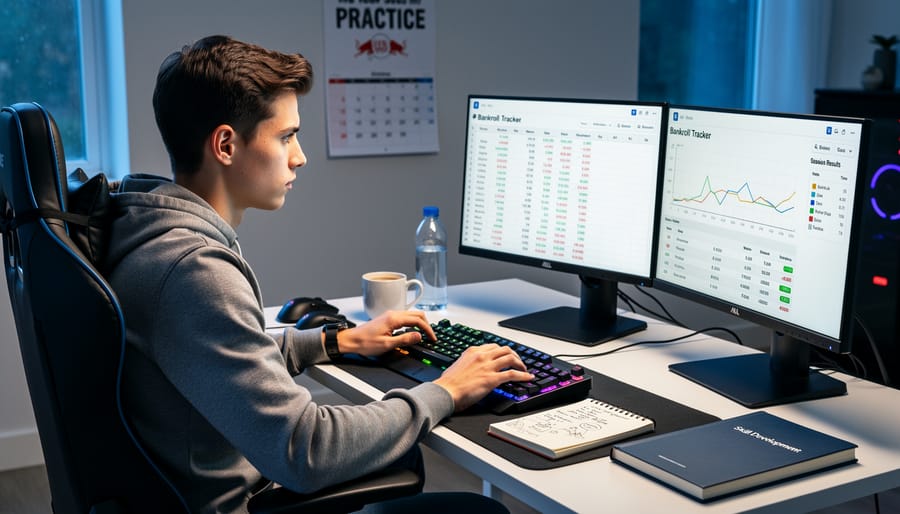 Hands practicing blackjack strategy with cards and notes on table