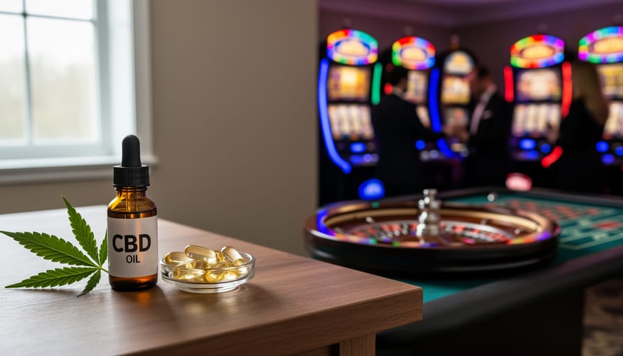 CBD oil bottle and poker chips on casino table felt