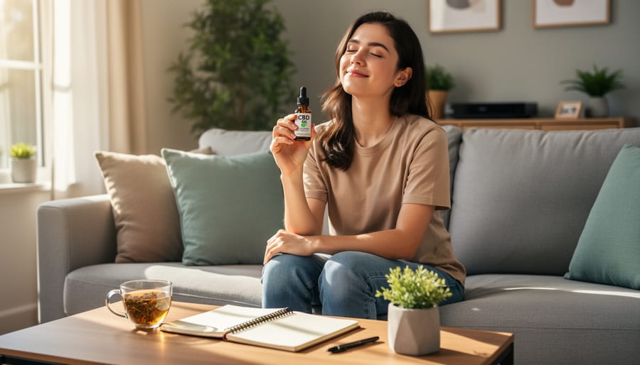 Person holding CBD oil bottle in relaxed home environment