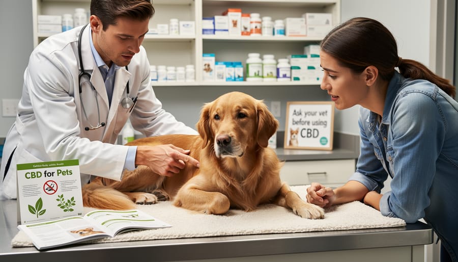 Calm dog resting in a living room with veterinary items blurred in the background