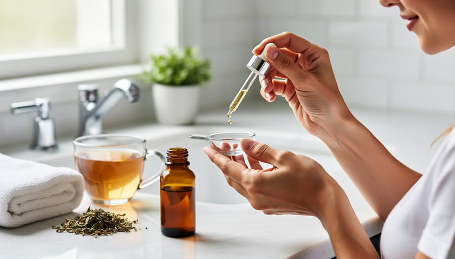 Hand holding a glass dropper above a countertop with a blurred wellness setup in the background