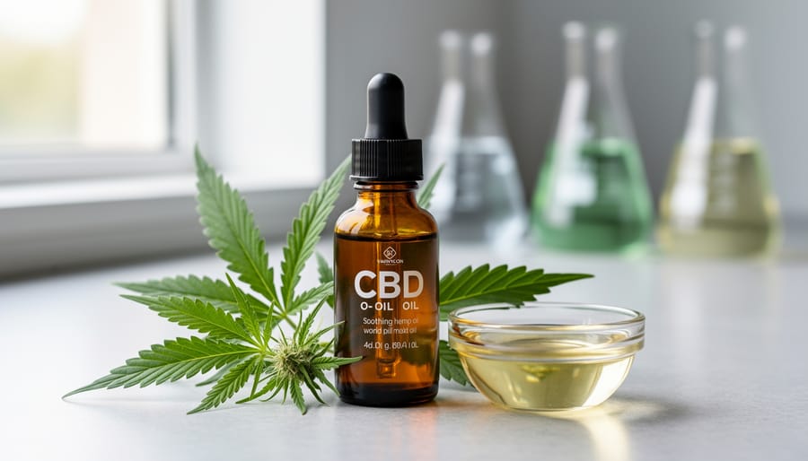 Amber CBD oil in a glass dropper bottle next to fresh hemp leaves on a clean countertop with blurred lab-style glassware in the background.
