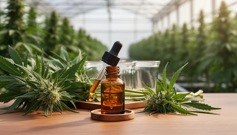 Hemp plant sprigs beside an amber CBD oil dropper bottle with visible textures